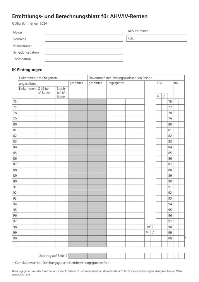 Ermittlungs- und Berechnungsblatt für AHV/IV Renten