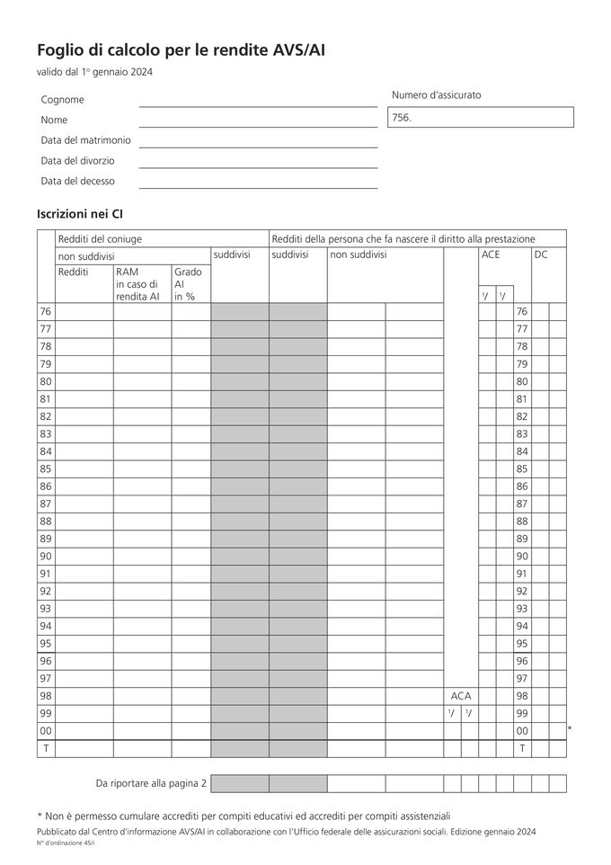 Foglio di calcolo per le rendite AVS/AI